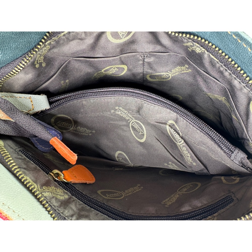 AmeriLeather Patchwork Leather Crossbody Bag Multicolor Whipstitch Hobo - Picture 5 of 16